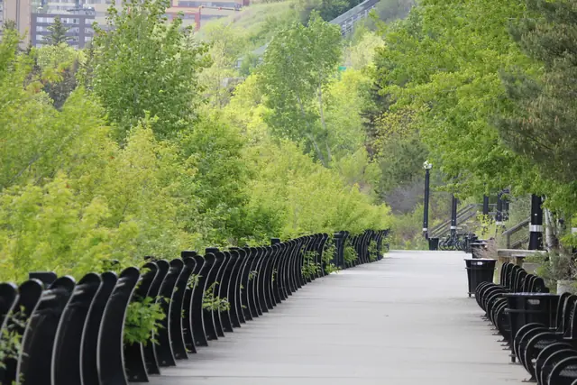 A paved walkway lined with repeating black benches curves toward a green hillside.