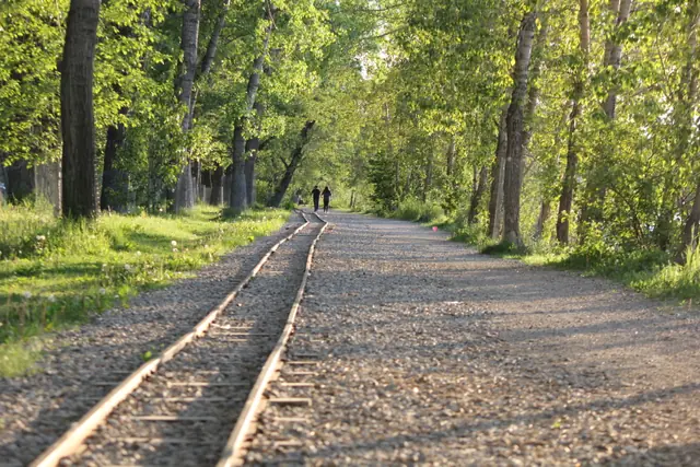 A miniature railway track runs down a gravel path through a tunnel of green trees, two people walking in the distance.