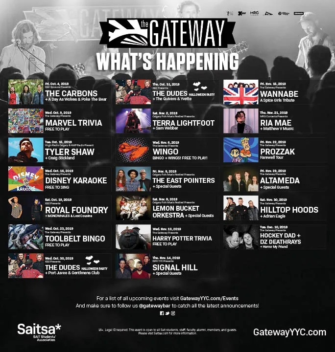 The Gateway What's Happening ad: a grid of upcoming shows and events with photos on a black background
