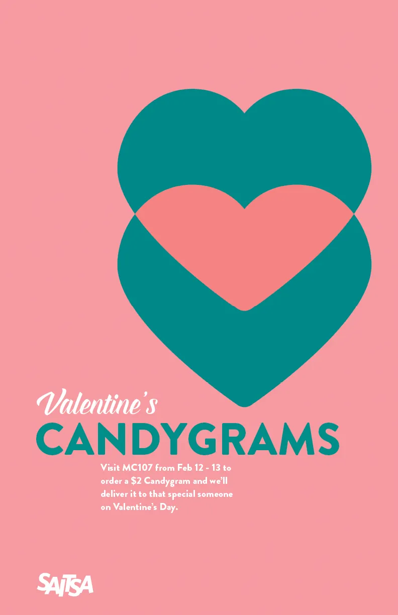 Valentine's Candygrams poster: an interlocking teal and pink heart on a pink background