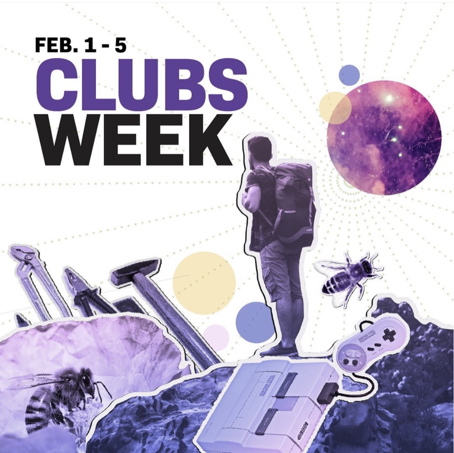 Clubs Week social graphic — collage of a backpacker, bees, tools, and a Super Nintendo on a white background with purple accents