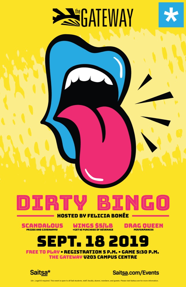 Dirty Bingo event poster — pop-art open mouth with tongue out on a yellow background, hosted by Felicia Bonée at The Gateway