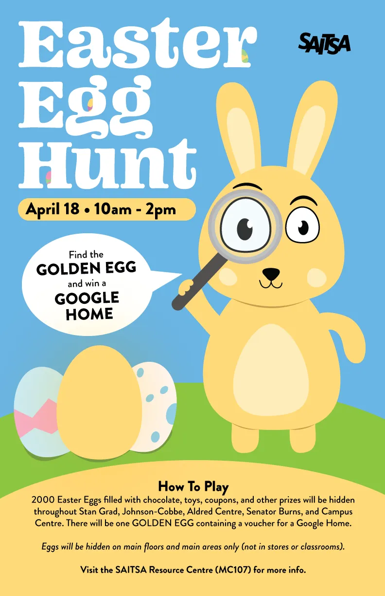 Easter Egg Hunt poster: an illustrated yellow bunny with a magnifying glass looking at eggs on a blue background