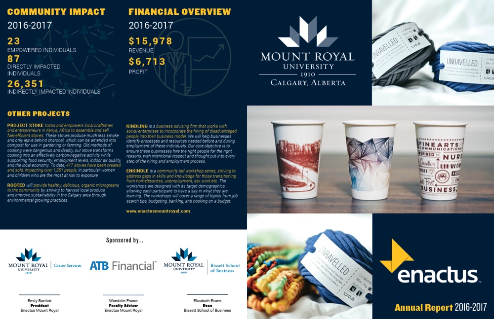 Enactus Mount Royal annual report 2016–2017, outside of the folded sheet: navy panels with impact and financial figures and project photos