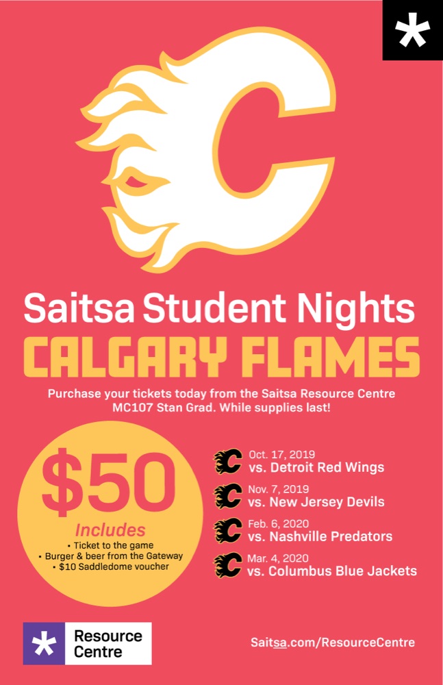 Saitsa Student Nights Calgary Flames poster — Flames logo on red with a $50 ticket bundle and four game dates