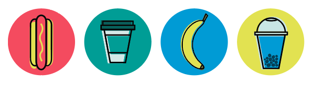 Food icon set — flat illustrations of a hot dog, coffee cup, banana, and bubble tea in colourful circles