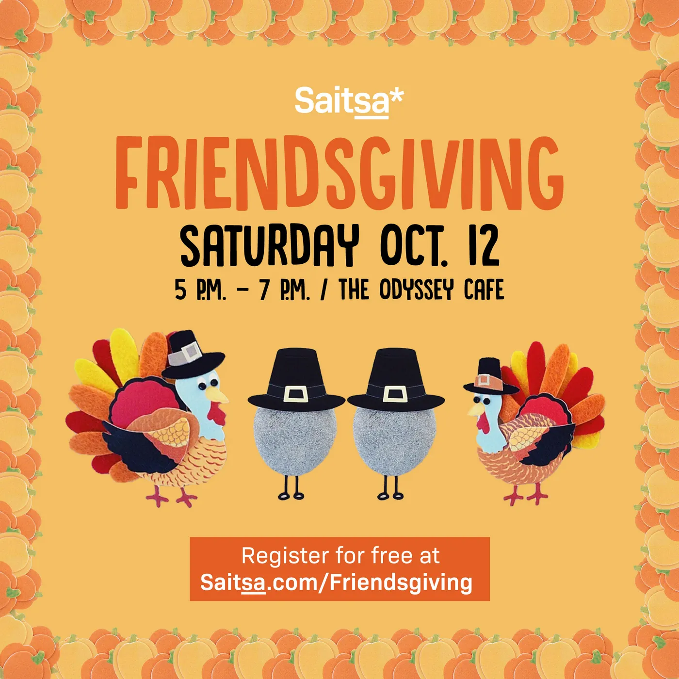 FriendsGiving social graphic: illustrated turkeys in pilgrim hats on an orange patterned background, Saturday October 12 at the Odyssey Cafe