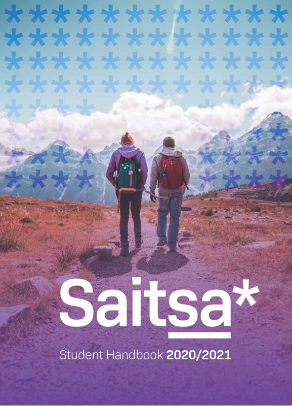 Cover of the SAITSA Student Handbook 2020/2021 — two hikers walking toward mountains under a pattern of asterisks