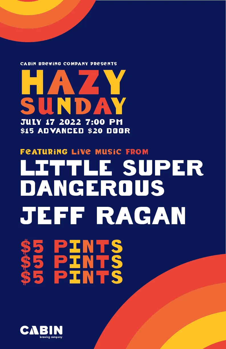 Hazy Sunday poster, version three: the type set larger, with the arcs at the top left and bottom right