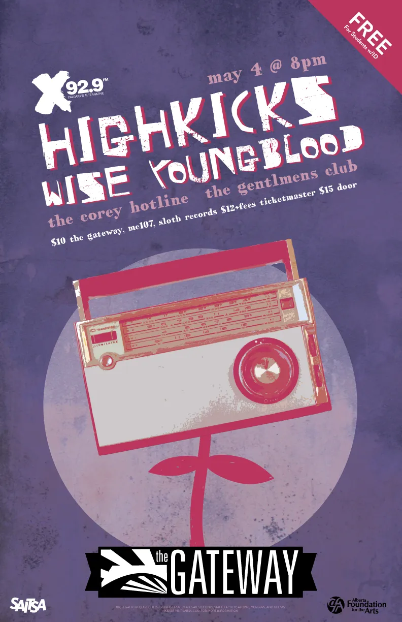 High Kicks gig poster for the Gateway: hand-drawn radio and microphone on a purple textured background