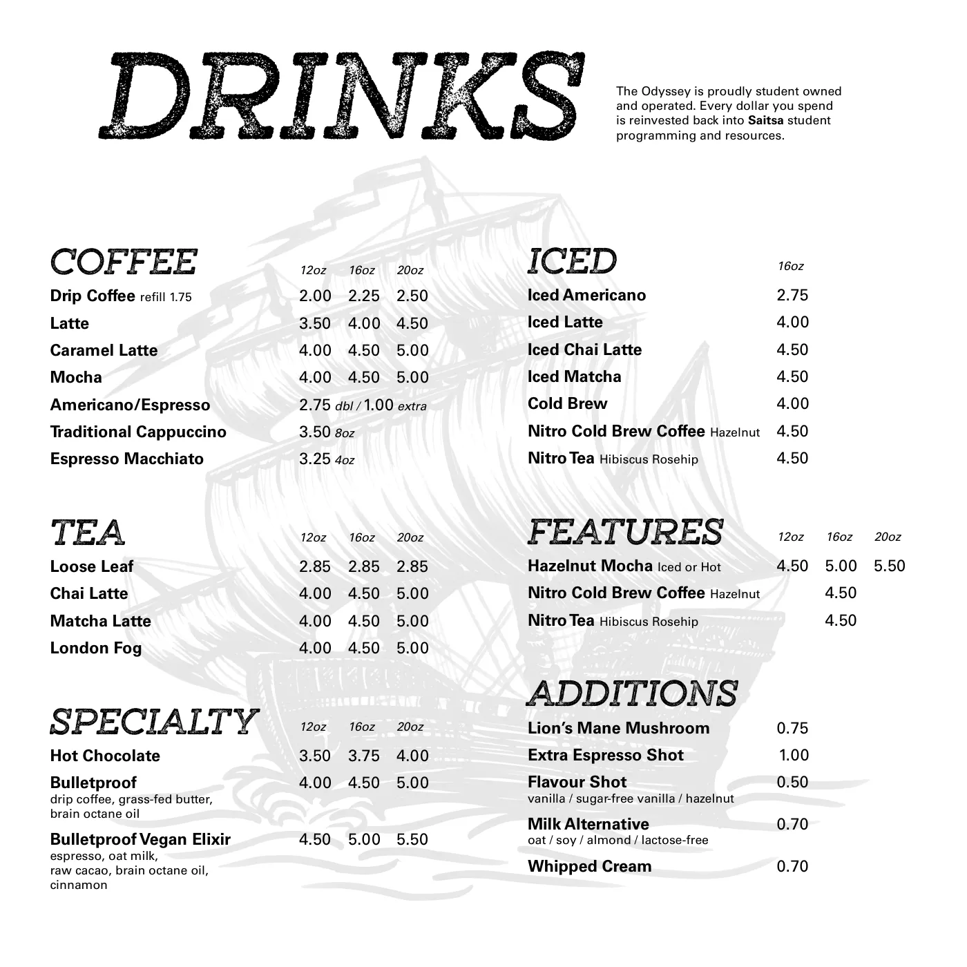 The Odyssey's drink menu: coffee, tea, iced drinks, specialty and features in columns under a large DRINKS heading