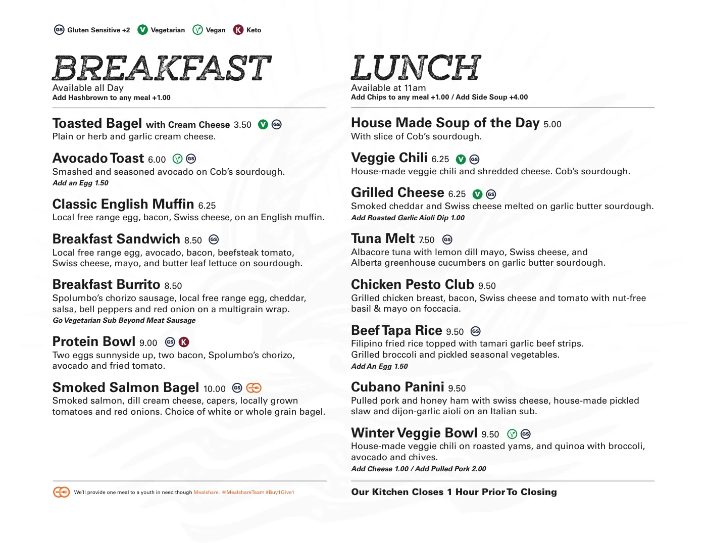 The Odyssey's food menu: breakfast and lunch columns with dietary icons