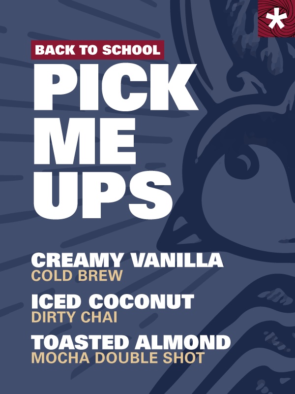 Back to School Pick Me Ups drink board for The Odyssey — bold white type on navy listing three feature coffee drinks