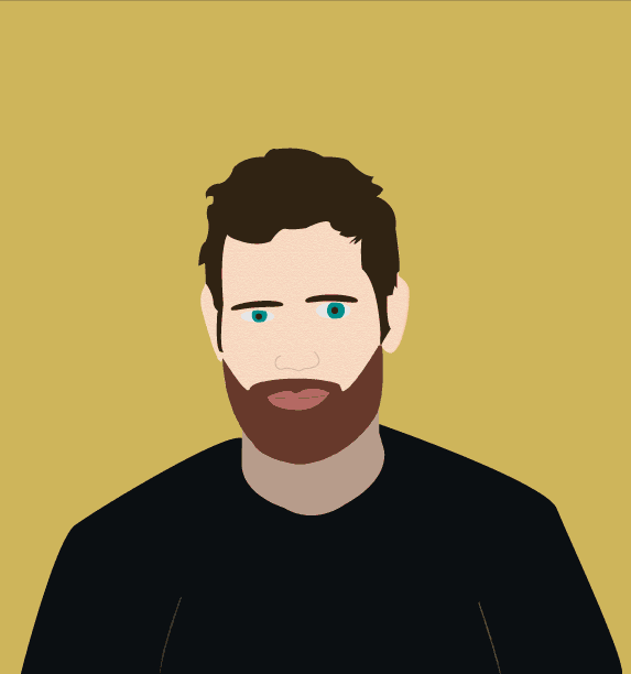A flat illustrated portrait of Chad VanGaalen on a mustard-yellow background.