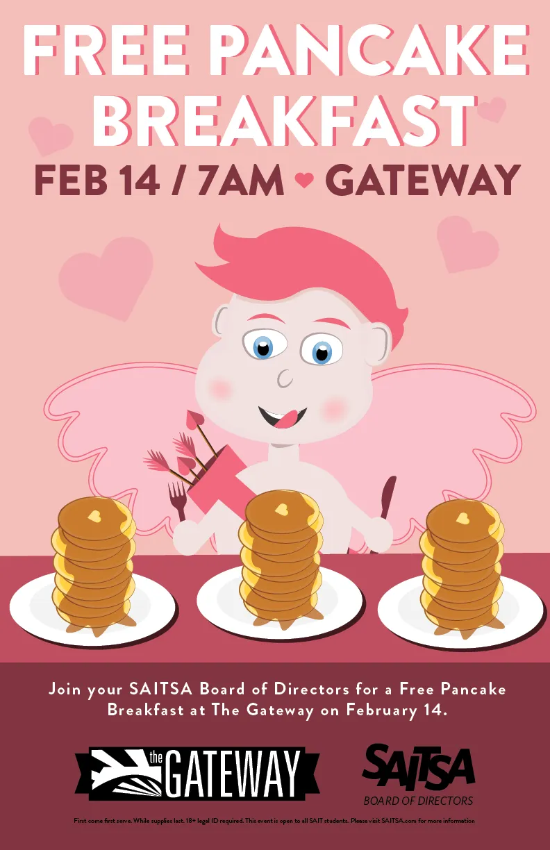 Free Pancake Breakfast poster for Valentine's Day at the Gateway: an illustrated cupid serving pancakes on a pink background