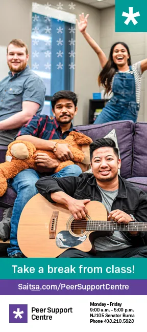 Peer Support Centre rack card: a photo of students laughing on a couch in the centre, with hours and location