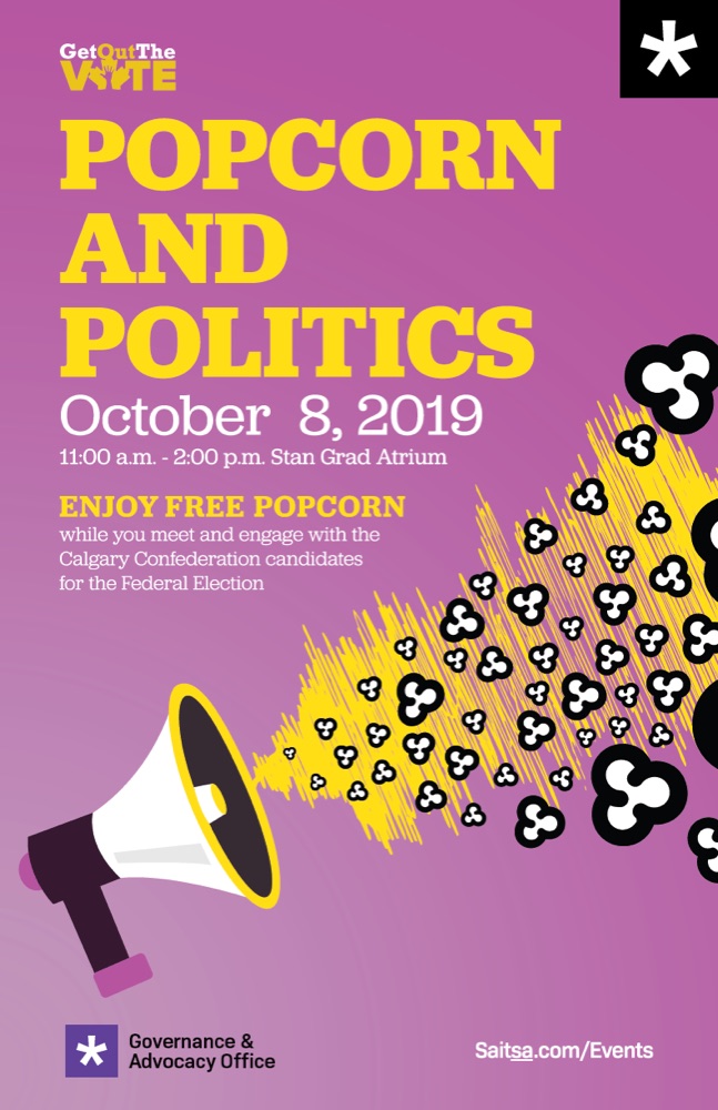 Popcorn and Politics poster — megaphone spraying popcorn across a purple background, promoting a federal election candidate meet-up
