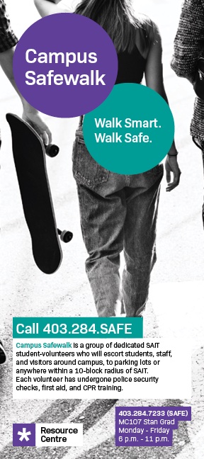Campus Safewalk rack card — black and white photo of students walking with a skateboard, purple and teal circles with program details