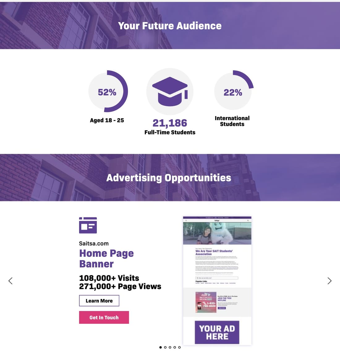 The association&rsquo;s advertising page in a browser frame: audience figures above a carousel of ad channels, starting with the home page banner