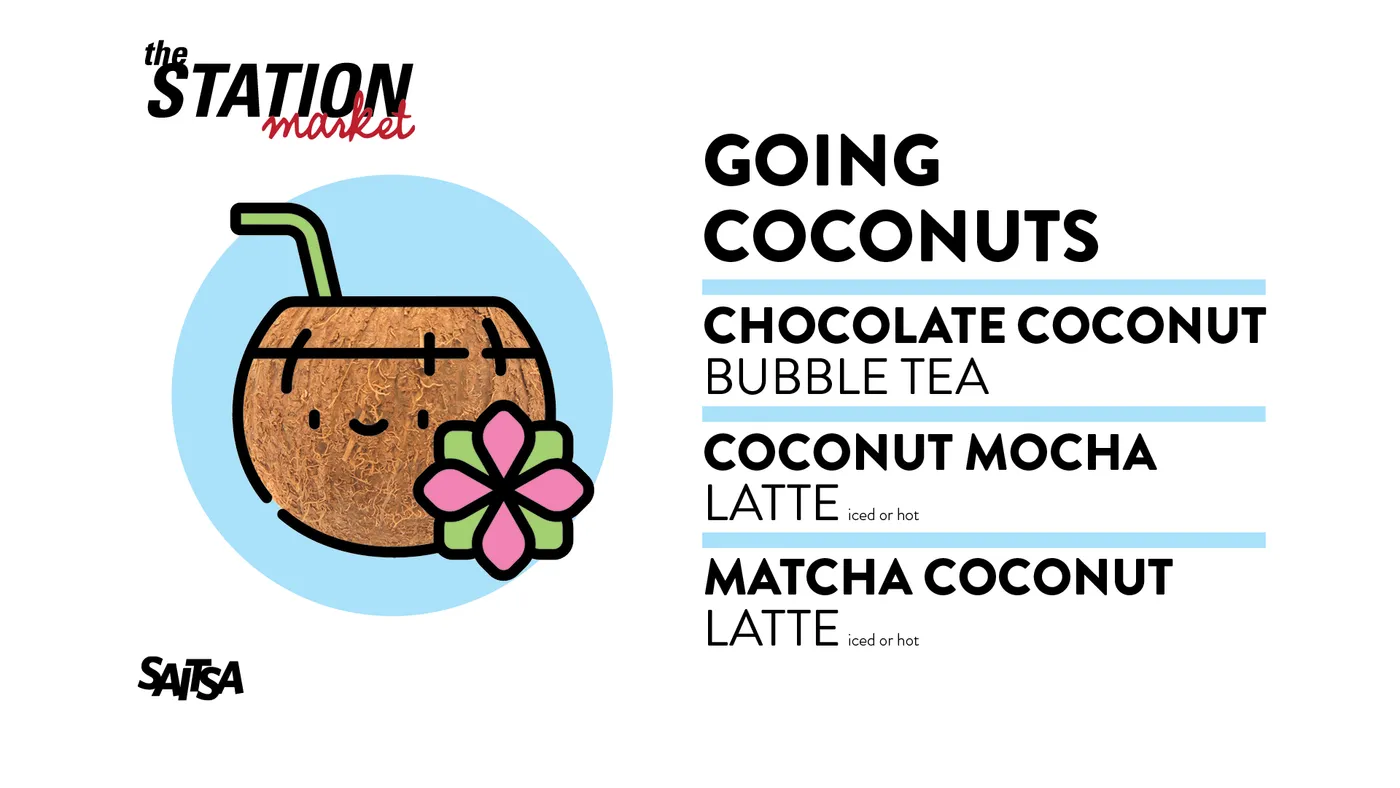 Station feature drinks screen: an illustrated coconut drink with a flower, listing three coconut drinks