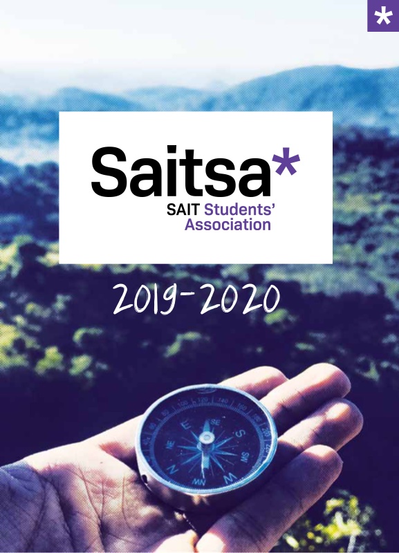 Cover of the 2019–2020 SAITSA Survival Guide — a hand holding a compass over a hilly landscape
