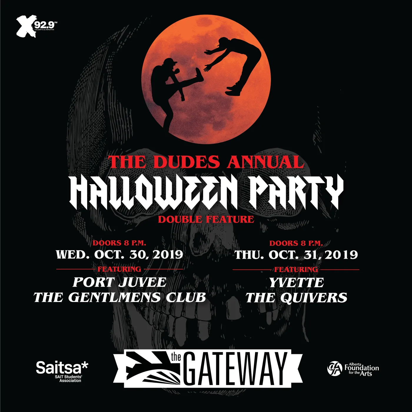 The Dudes Annual Halloween Party poster for the Gateway: a red moon with a flying silhouette over a dark sky, two nights of dates