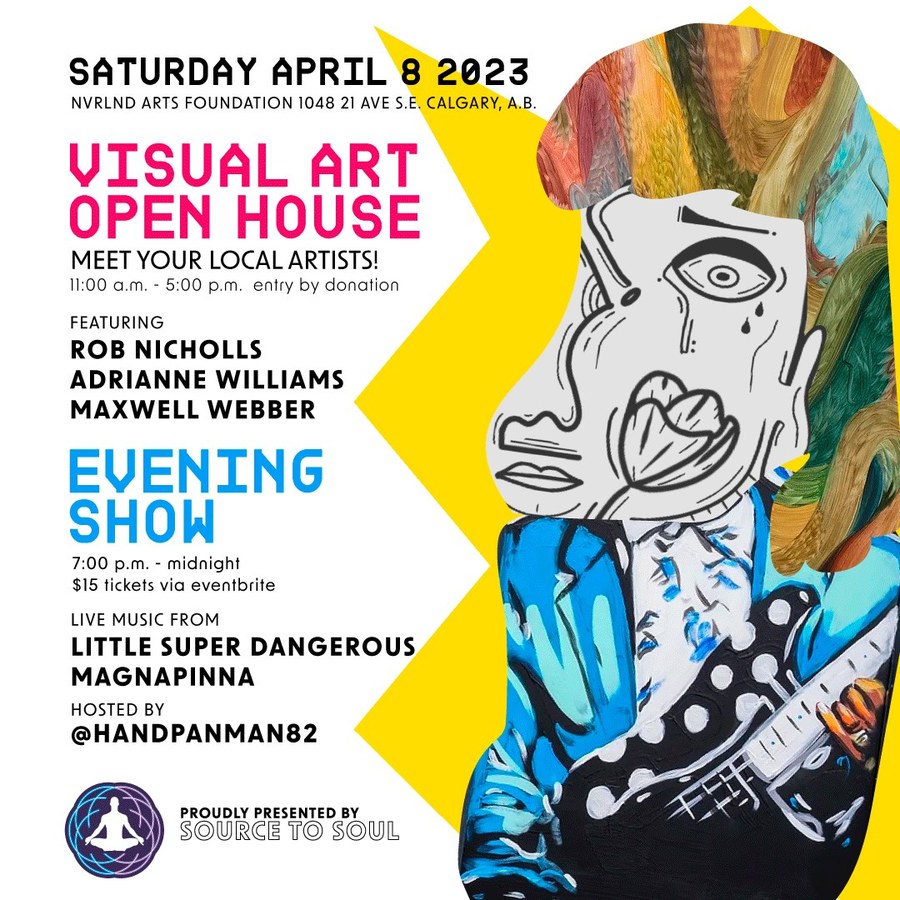 Visual Art Open House Instagram square: an illustrated character face collaged from pieces of exhibiting artists' own artwork, with event details for the show