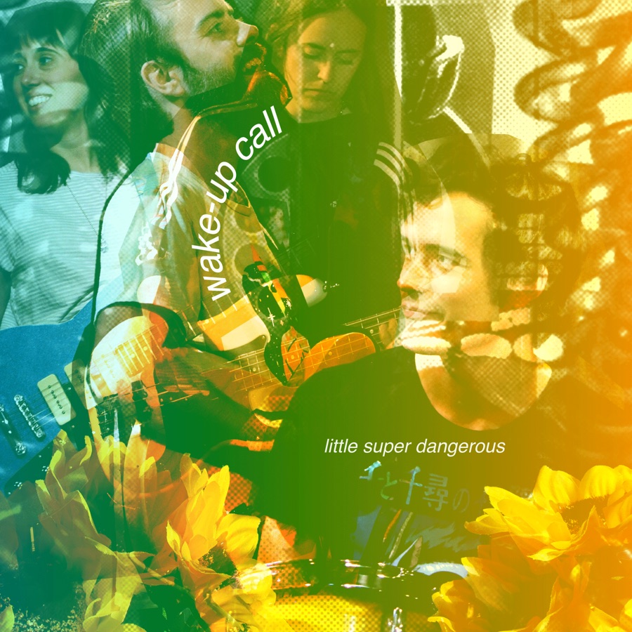 Wake-Up Call album cover — layered green-and-yellow collage of the band performing