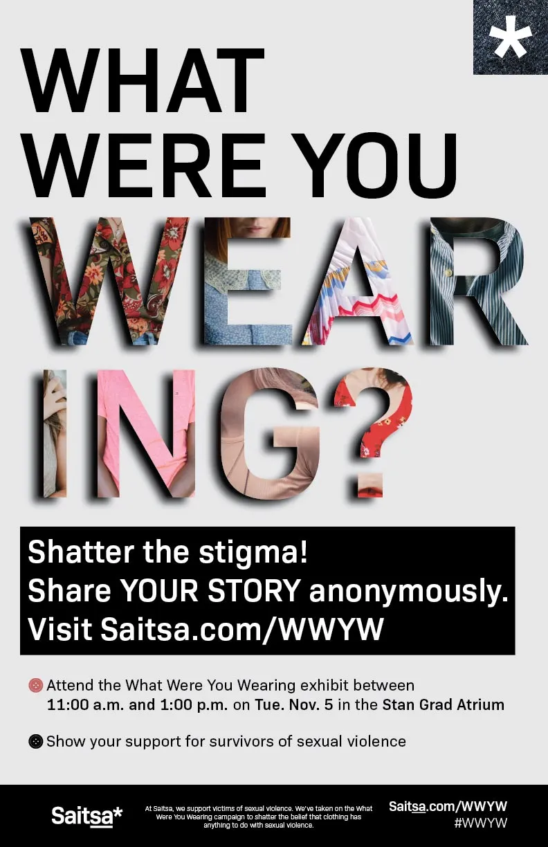 What Were You Wearing poster: large type filled with photos, asking students to share their story anonymously in support of survivors of sexual violence
