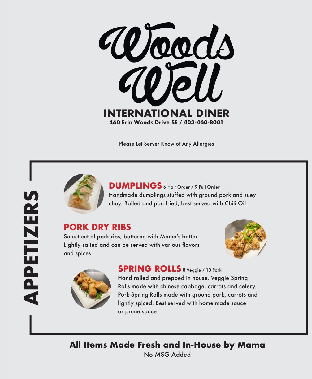 Woods Well International Diner menu: hand-lettered logo over an appetizers list with dish photos